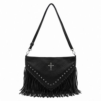 Studded Fringe Shoulder Bag with Adjustable Strap and Zip Closure