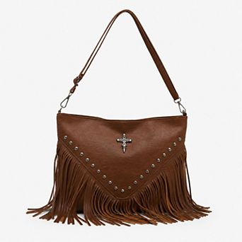 Studded Fringe Shoulder Bag with Adjustable Strap and Zip Closure