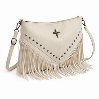 Studded Fringe Shoulder Bag with Adjustable Strap and Zip Closure