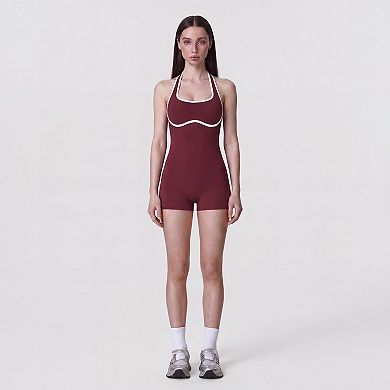 Women's Sleeveless Active Romper with Built In Bra Halter Neck Contrast Trim and Fitted Shorts