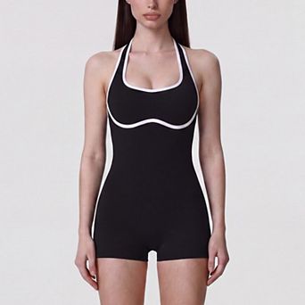 Women's Sleeveless Active Romper with Built In Bra Halter Neck Contrast Trim and Fitted Shorts