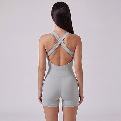 Women's Sleeveless Active Romper with Cross Back Straps Ruched Bust Contour Seams and Fitted Shorts