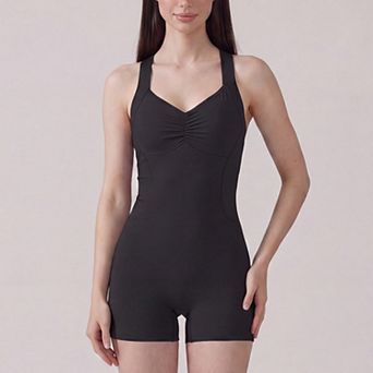 Women's Sleeveless Active Romper with Cross Back Straps Ruched Bust Contour Seams and Fitted Shorts
