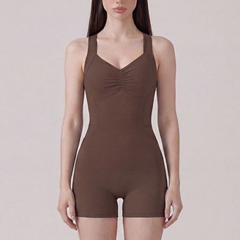 Women's Sleeveless Active Romper with Cross Back Straps Ruched Bust Contour Seams and Fitted Shorts