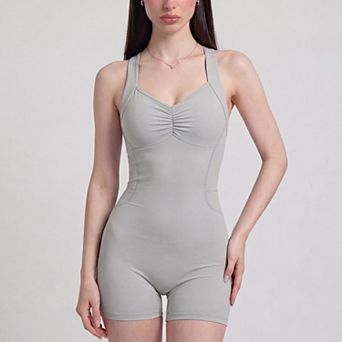 Women's Sleeveless Active Romper with Cross Back Straps Ruched Bust Contour Seams and Fitted Shorts