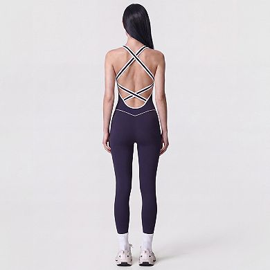 Women's Sleeveless One Piece Active Jumpsuit with Scoop Neck and Full Length Legging Fit