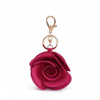 Dark Pink Rose Flower Bag Charm with Gold Tone Dual Clip