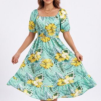 Women's Tropical Floral Square Neck Smocked Waist Midi Dress