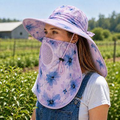 Women's Floral Wide Brim Sun Hat with Face Cover Neck Flap and Mesh Breathing Panel