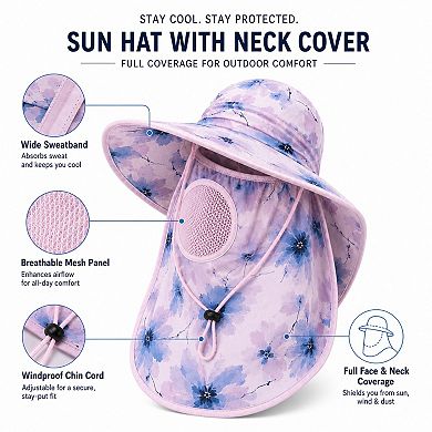 Women's Floral Wide Brim Sun Hat with Face Cover Neck Flap and Mesh Breathing Panel