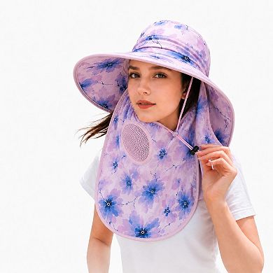 Women's Floral Wide Brim Sun Hat with Face Cover Neck Flap and Mesh Breathing Panel