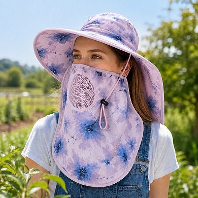 Women's Floral Wide Brim Sun Hat with Face Cover Neck Flap and Mesh Breathing Panel