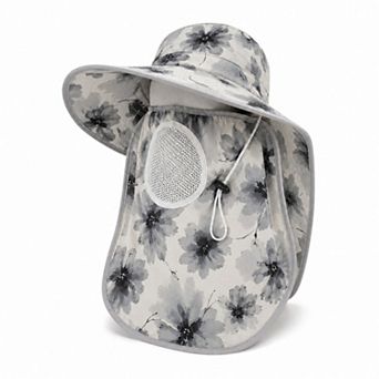 Women's Floral Wide Brim Sun Hat with Face Cover Neck Flap and Mesh Breathing Panel