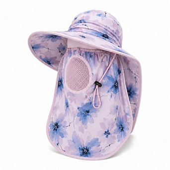 Women's Floral Wide Brim Sun Hat with Face Cover Neck Flap and Mesh Breathing Panel