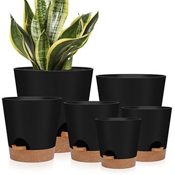 Indoor Self Watering Planters with Drainage Holes and Saucers 6 Pots Black