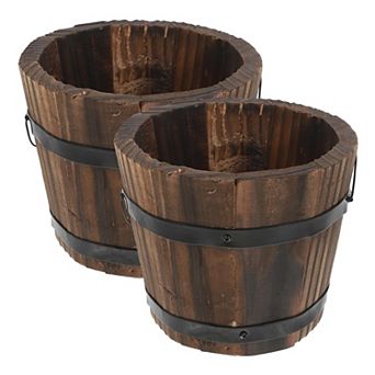 Wood Succulent Planters Decorative Containers Brown Barrel Flower Pot 2 pc Set