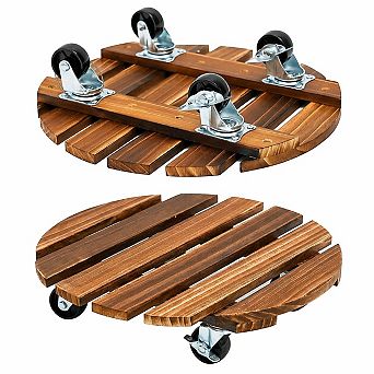 Rolling Plant Caddy Set, 12 Inch Wooden Planter Base with Locking Wheels, 2 Pack, Dark Brown