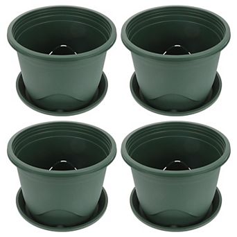 Plastic Planter Pots with Trays Set Green 19.00x19.00x15.00cm 4 pc Indoor Outdoor