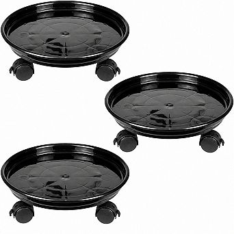 Round Plant Caddy with Locking Wheels, Moveable Pot Stand, Black, 3 Pack