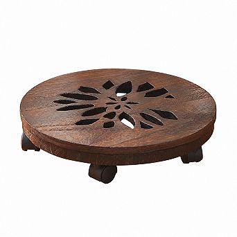 Wood Plant Caddy with Lockable Wheels, Rolling Pot Stand, 10-Inch Base
