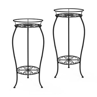 2-Pack Metal Plant Stands with Round 2 tier Display Shelves, Black