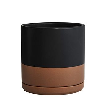 8-Inch Ceramic Planter Pot with Drainage Hole and Saucer, Black Speckled Tan