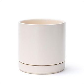 6.5 Inch Ceramic Cylinder Plant Pot with Drainage Hole and Saucer, Oatmeal