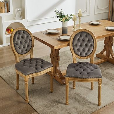 GOODSILO Set of 2 French Style Solid Wood Frame Dining Chairs with Hand-Pulled Buckle Decoration