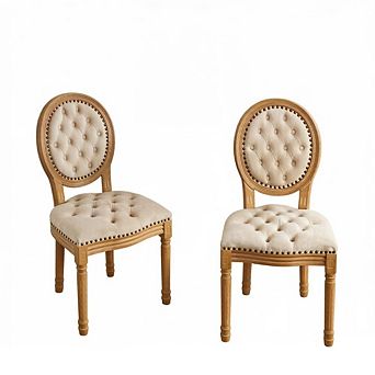 GOODSILO Set of 2 French Style Solid Wood Frame Dining Chairs with Hand-Pulled Buckle Decoration
