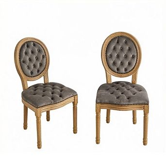 GOODSILO Set of 2 French Style Solid Wood Frame Dining Chairs with Hand-Pulled Buckle Decoration