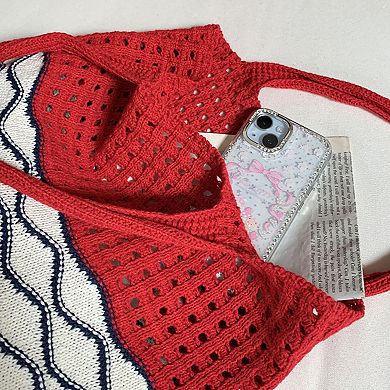 Crochet Knit Tote Bag with Openwork Design and Wave Pattern