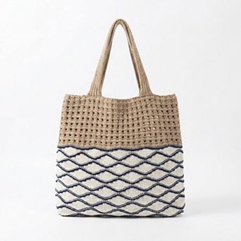 Crochet Knit Tote Bag with Openwork Design and Wave Pattern