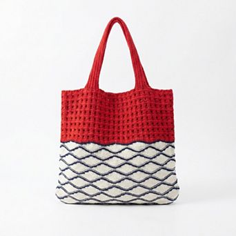 Crochet Knit Tote Bag with Openwork Design and Wave Pattern