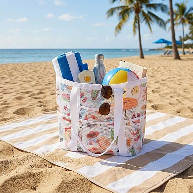 Mesh Beach Tote Bag with Beach Themed Print and Shoulder Handles