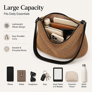 Women's Woven Hobo Shoulder Bag with Zip Top and Large Capacity