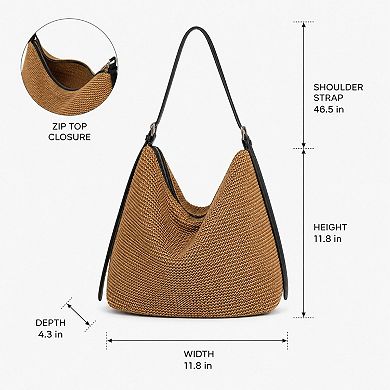 Women's Woven Hobo Shoulder Bag with Zip Top and Large Capacity