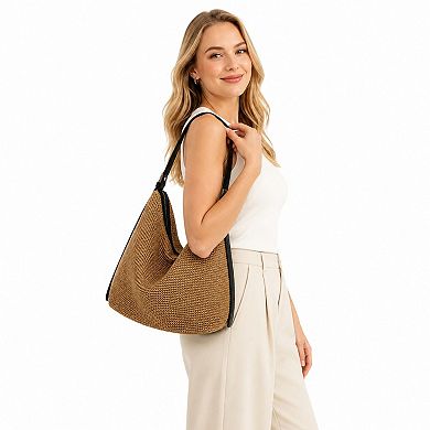 Women's Woven Hobo Shoulder Bag with Zip Top and Large Capacity