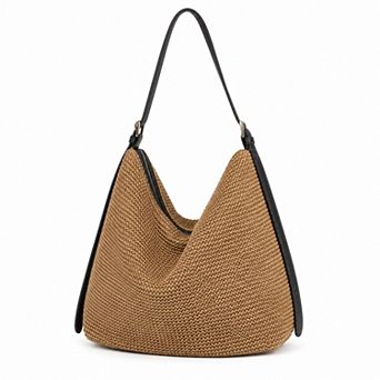 Women's Woven Hobo Shoulder Bag with Zip Top and Large Capacity