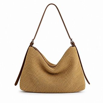 Women's Woven Hobo Shoulder Bag with Zip Top and Large Capacity