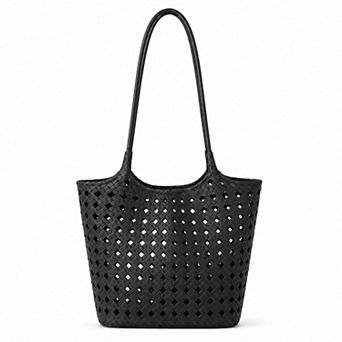 Women's Woven Shoulder Bag with Cutout Design Soft Faux Leather Feel Tote and Inner Pouch