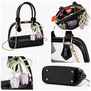 Women's Clear PVC Mini Satchel Bag with Chain Strap and Floral Pearl Charm