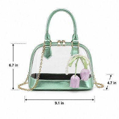 Women's Clear PVC Mini Satchel Bag with Chain Strap and Floral Pearl Charm