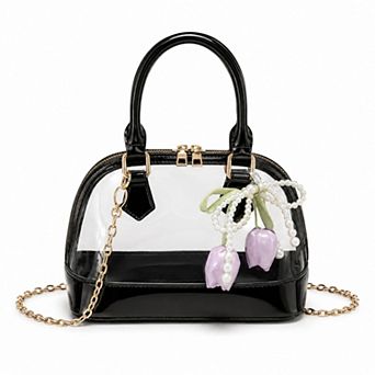 Women's Clear PVC Mini Satchel Bag with Chain Strap and Floral Pearl Charm
