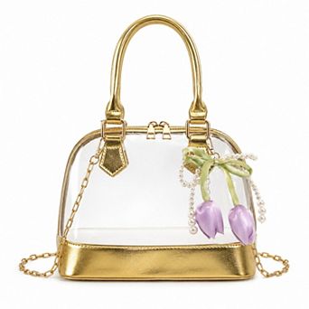 Women's Clear PVC Mini Satchel Bag with Chain Strap and Floral Pearl Charm