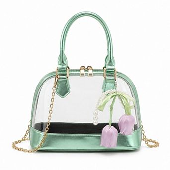Women's Clear PVC Mini Satchel Bag with Chain Strap and Floral Pearl Charm