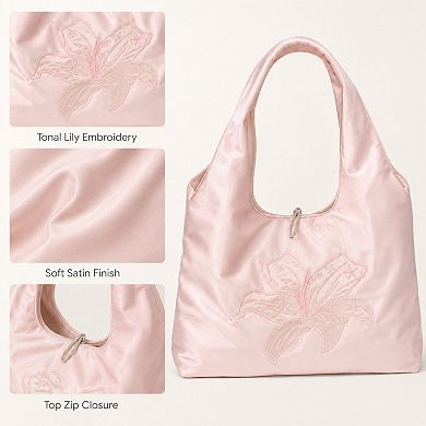 Women's Satin Hobo Shoulder Bag with Embroidered Lily Detail
