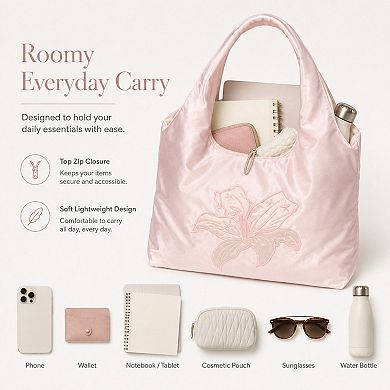 Women's Satin Hobo Shoulder Bag with Embroidered Lily Detail