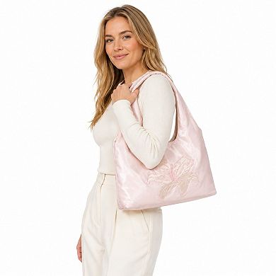 Women's Satin Hobo Shoulder Bag with Embroidered Lily Detail