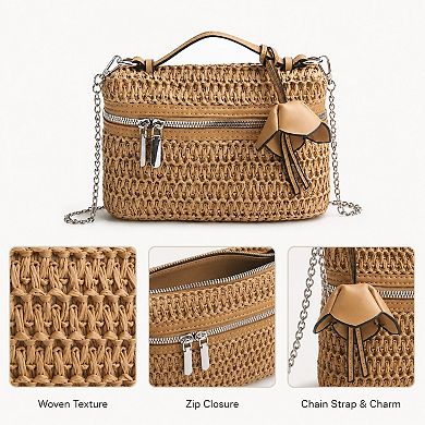 Women's Straw Woven Crossbody Bag with Chain Strap