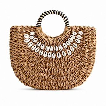 Women's Straw Woven Shell Handbag with Round Handle